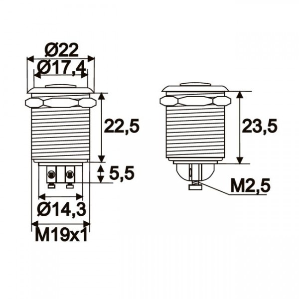 Buton, 1 circuit 2A-250V OFF-(ON), metal • rezistent la apa