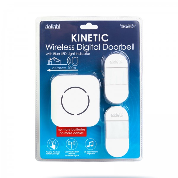 Sonerie fara fir Kinetic (fara baterii) – 2 butoane exterior – Alb LED albastru